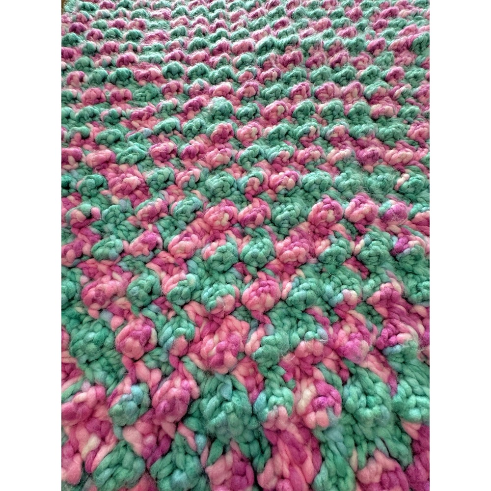 Handmade Chunky Crochet Blanket Pink Mint & Lavander Puff Stitch Throw 47x32 - Picture 3 of 7